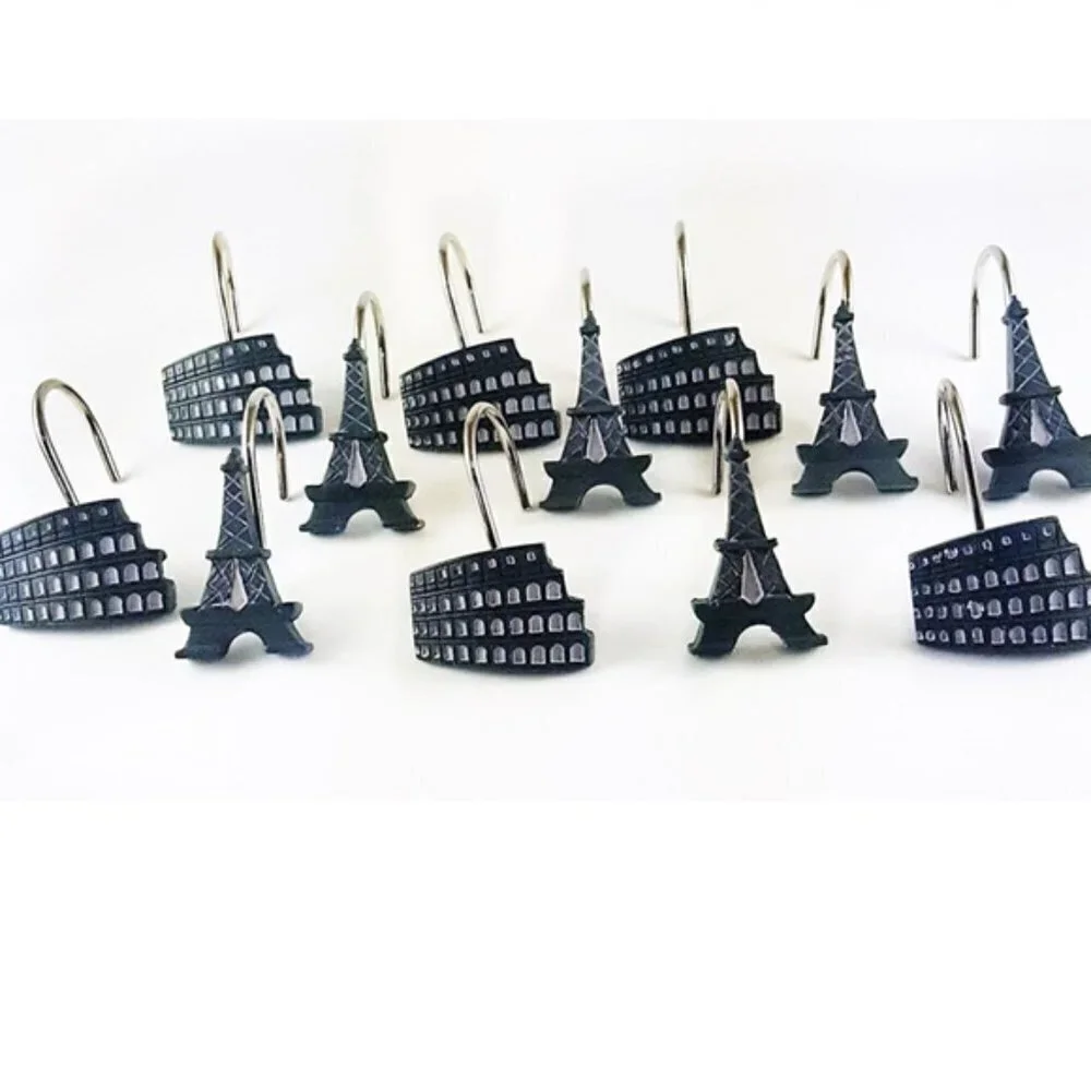 Paris Eiffel Tower Shower Curtain Hooks Parisian French Decor Set of 12